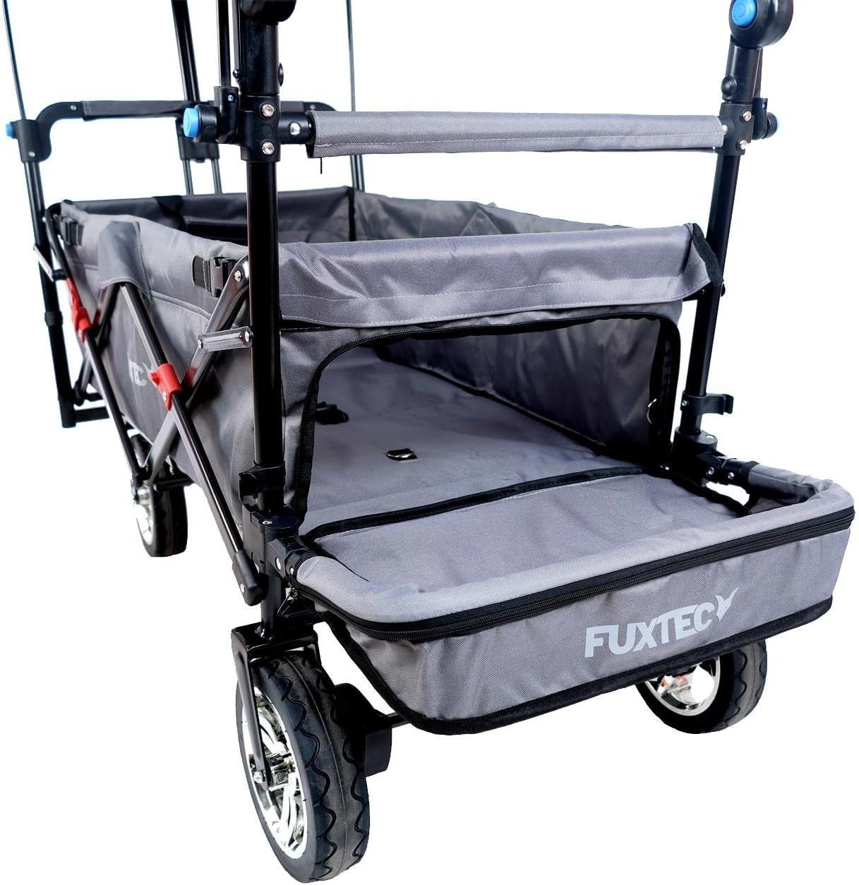 Grey Folding Kids Wagon w/ Roof Push Pull Cart Brakes Solid Wheels & Extension