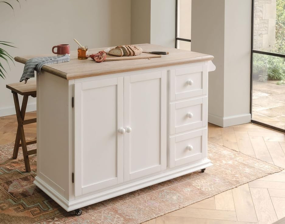 Kitchen Island Trolley with Extendable Oak Top & Storage Shelves, Rolling Unit