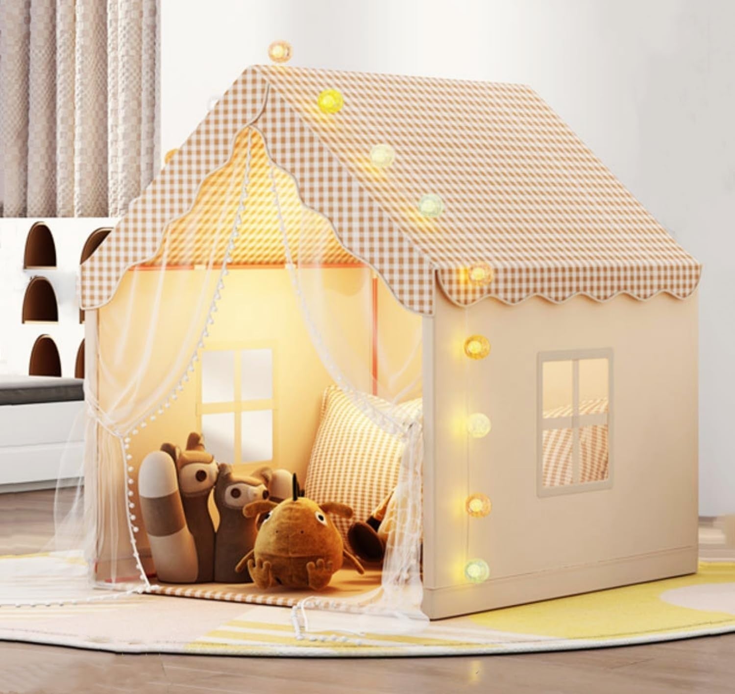 Kids Gingham Play Tent Indoor Rustic Playhouse w Windows Curtains