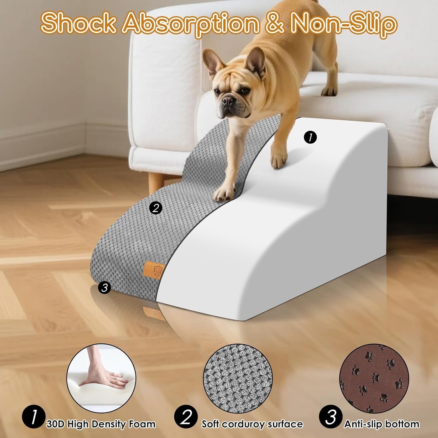 Grey 2 Step Dog Ramp Stairs with Pocket Non Slip 55x40x30cm