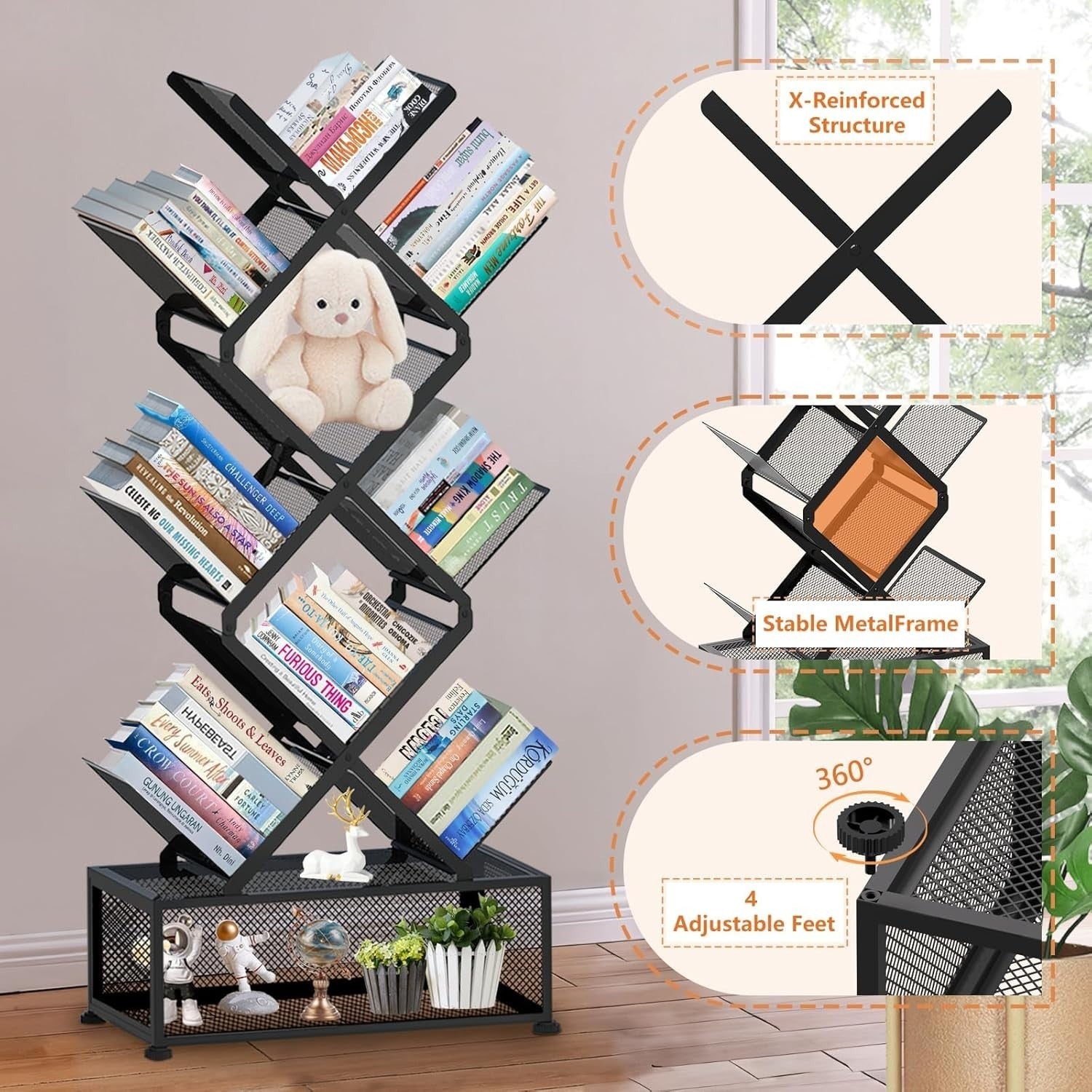 9 Tier Folding Tree Bookcase Metal Corner Bookshelf Free Standing Black