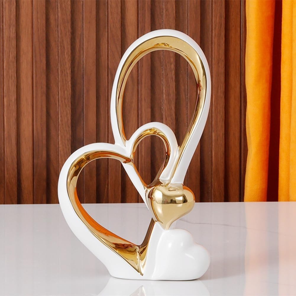 Tall White Gold Heart Sculpture Modern Ceramic Ornament Luxury Home Decor Gift