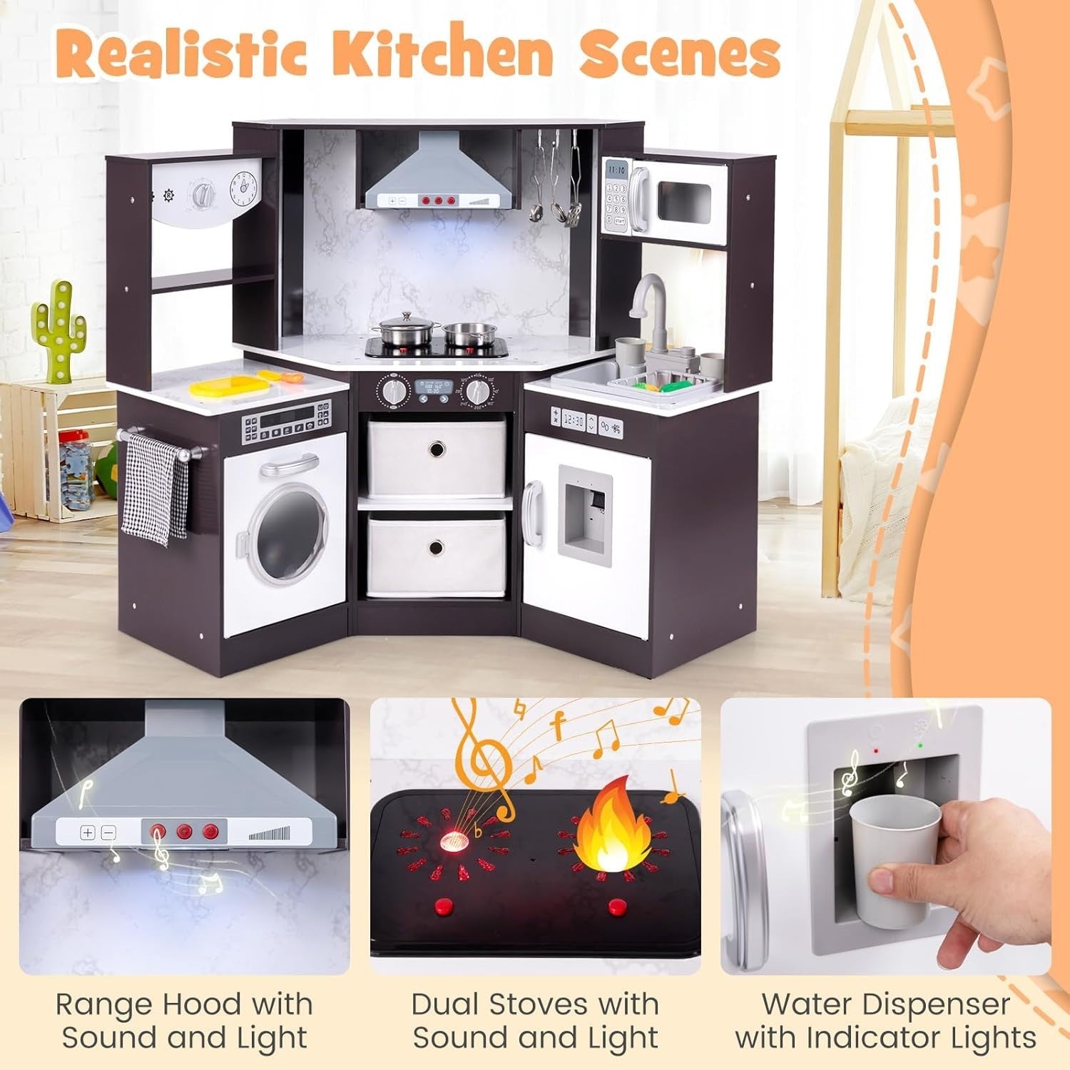 Kids Corner Play Kitchen w/ Lights Sounds Running Water Coffee Set