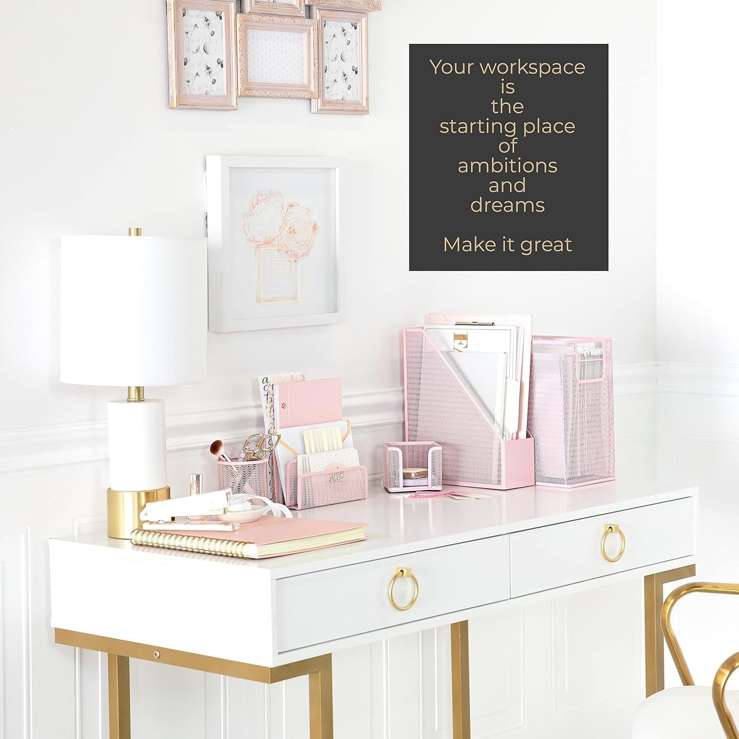 Pink Desk Organiser Set 5pc Metal Office Storage File Holder Women