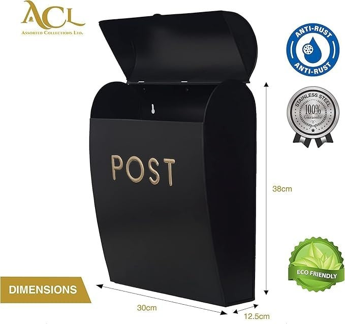 Wall Mounted Lockable Post Box Black Aluminium Weatherproof Mailbox Large