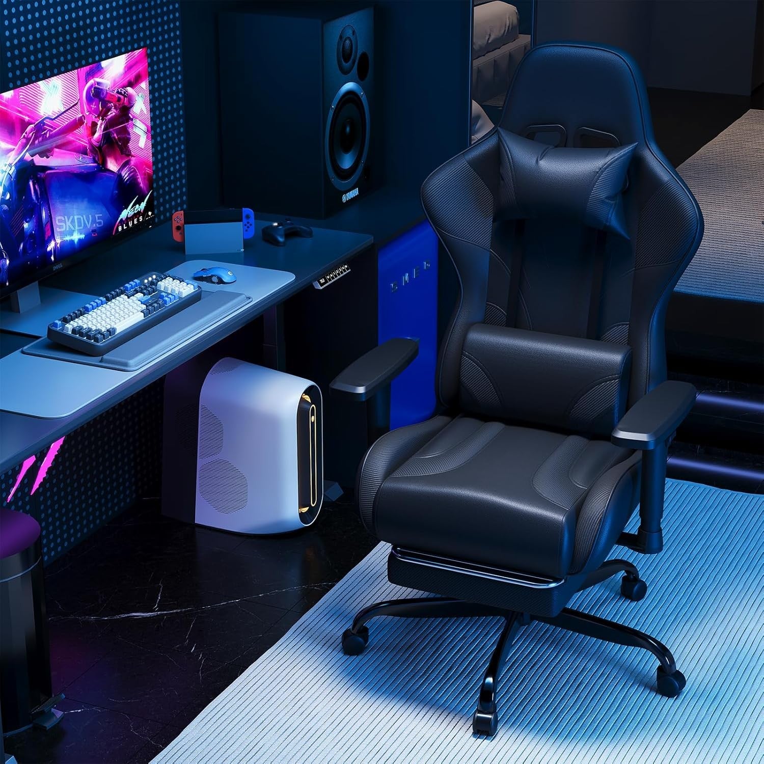 Ergonomic Gaming Chair w/ Footrest 2D Armrests PU Leather Black