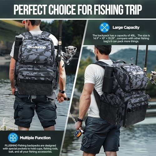 Large 45L Water-Resistant Fishing Backpack with Rod Holders & Cooler