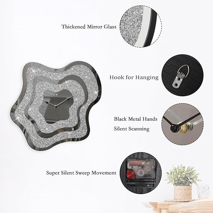 Irregular Mirror Crushed Diamond Wall Clock Silver Crystal Sparkly 40cm Decor
