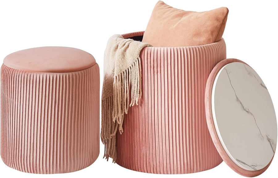 Set of 2 Pink Round Storage Ottomans – Velvet Vanity Stools & Side Tables