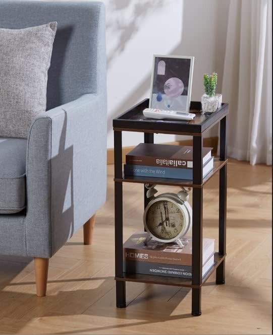 Slim 3-Tier Side Table Narrow End Table with Metal Tray & Wood Shelves