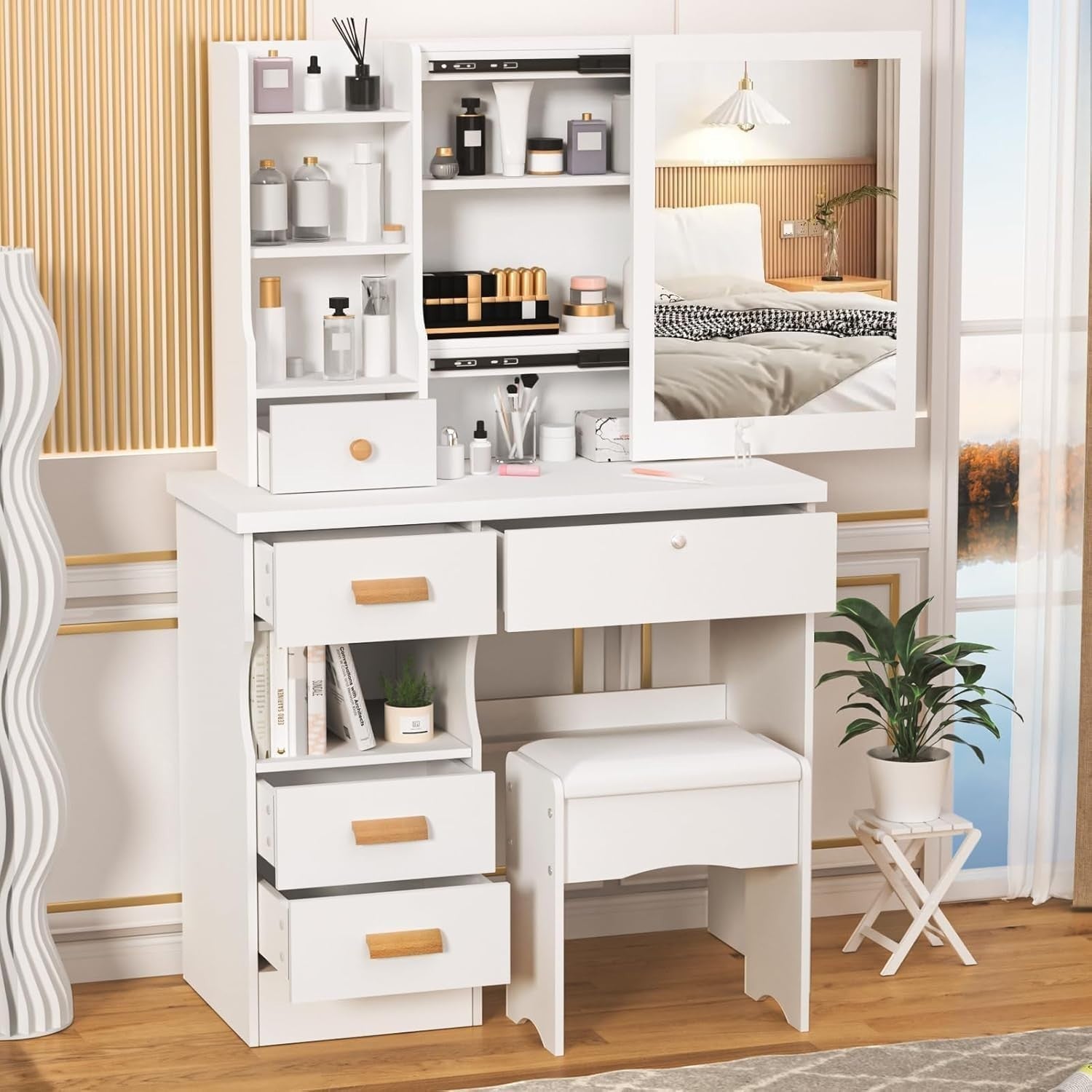 Modern Vanity Dressing Table w/Sliding Mirror 5 Drawers Lockable Storage