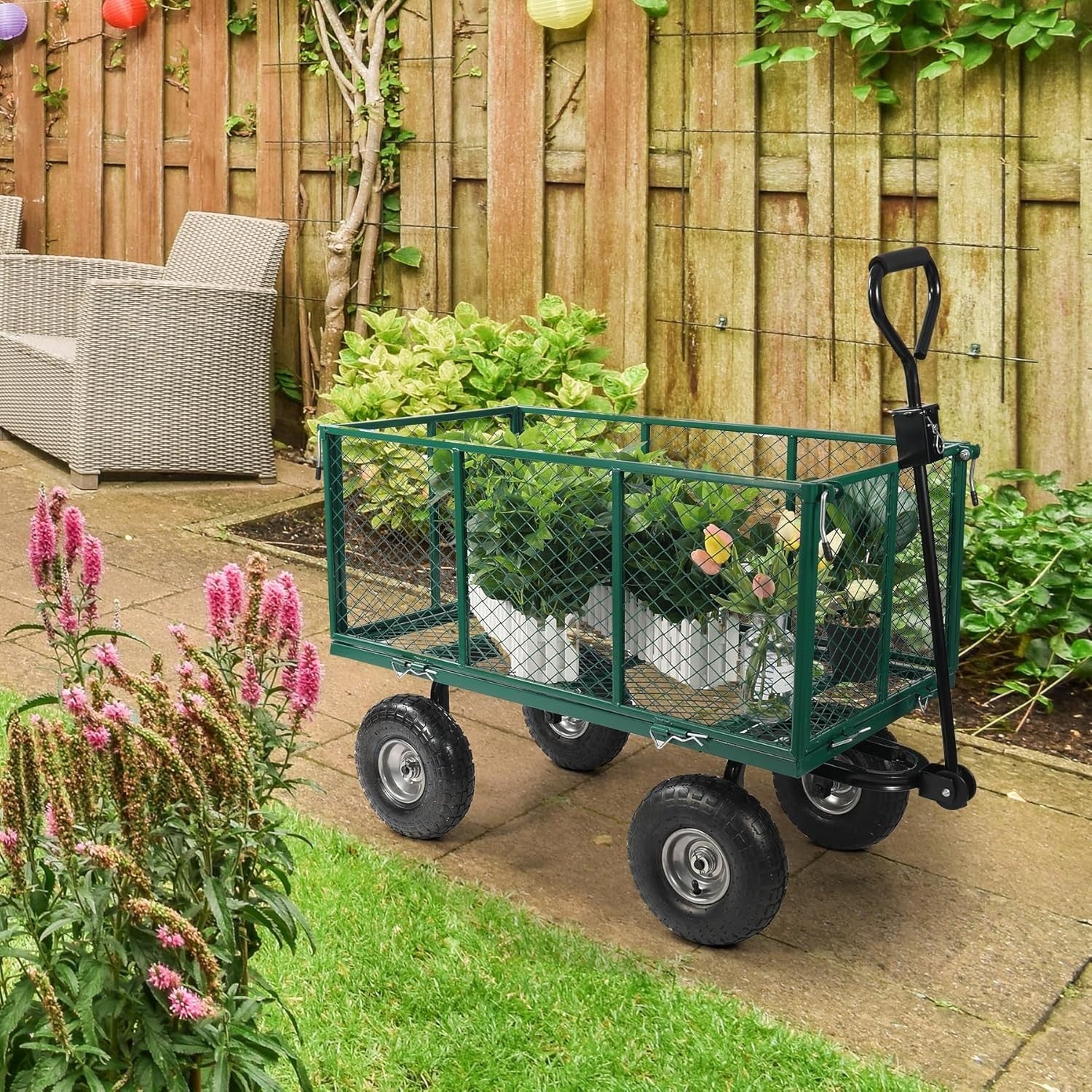 Oversized Heavy Duty Garden Cart 650lb Capacity Flatbed Wagon w/ Removable Sides