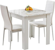 3 Piece Marble Dining Table Set with 2 White PU Chairs for Small Spaces