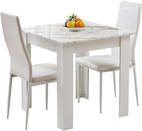3 Piece Marble Dining Table Set with 2 White PU Chairs for Small Spaces
