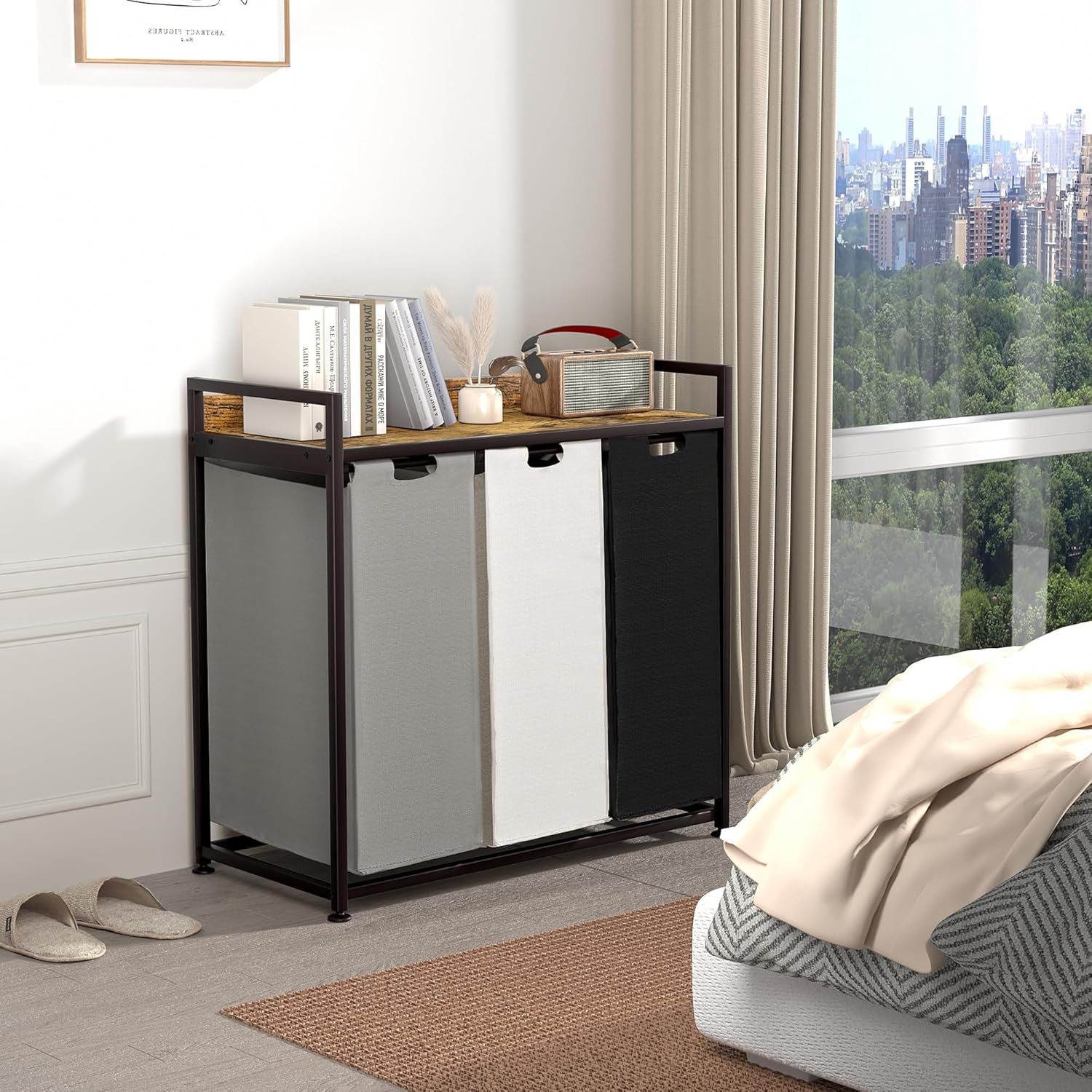 3 Section Laundry Hamper with Shelf Removable Bags Wheels Rustic Brown 180L