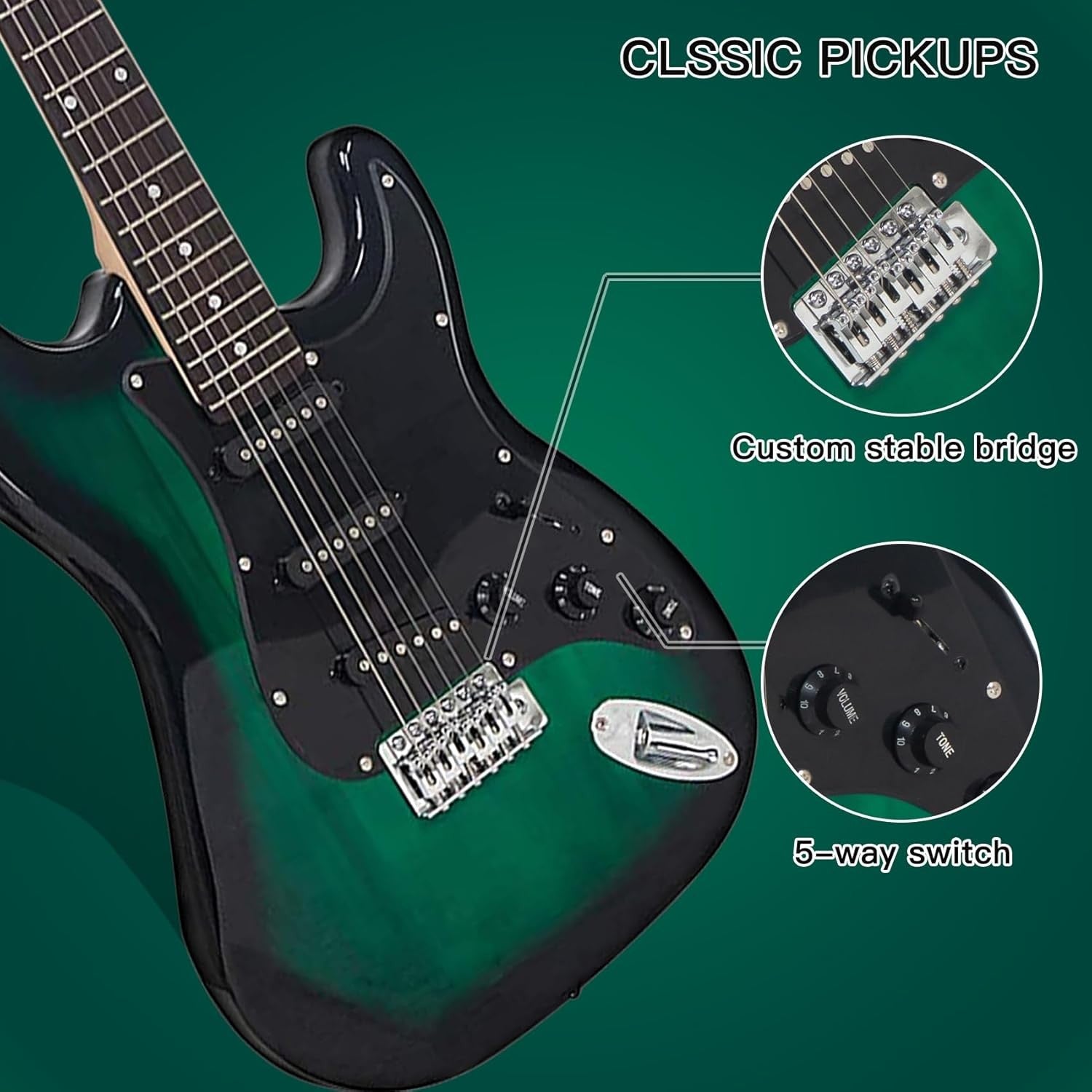 Full Size Electric Guitar Starter Kit Green 6 String w/ Amp & Stand