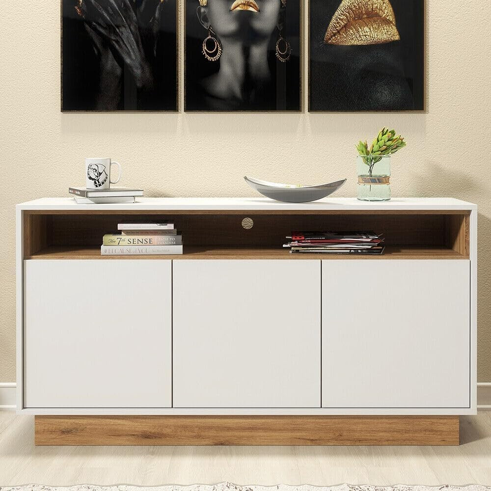 130cm White Oak Sideboard Cabinet 3 Door Storage Unit Modern Display