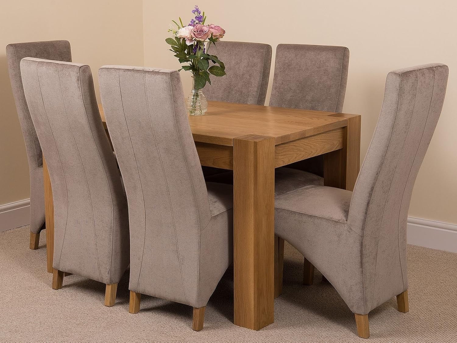 6 Seater Oak Dining Table Set Grey Fabric Chairs 125x80cm Modern Look