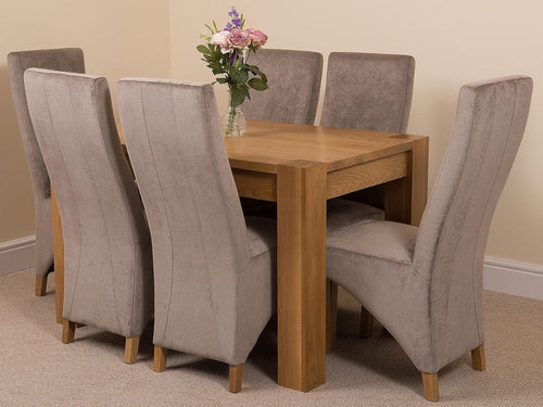 6 Seater Oak Dining Table Set Grey Fabric Chairs 125x80cm Modern Look