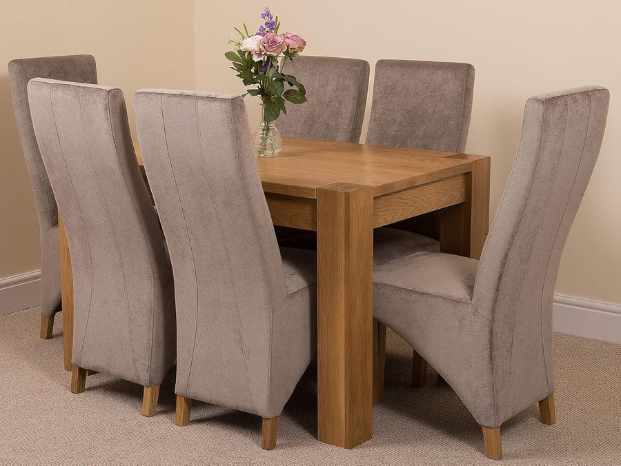 6 Seater Oak Dining Table Set Grey Fabric Chairs 125x80cm Modern Look