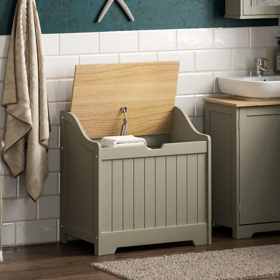 Bathroom Laundry Cabinet Storage Chest with Wooden Basket Grey Oak MDF