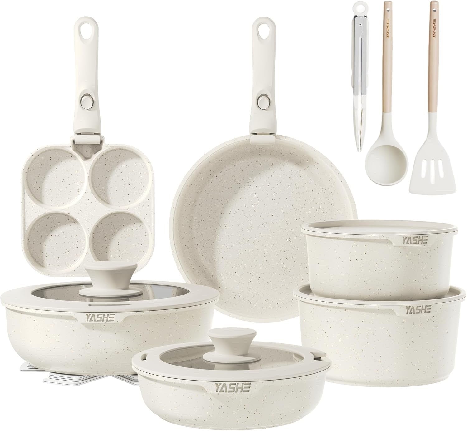 20Pcs White Granite Non-Stick Cookware Set with Removable Handles & Glass Lids