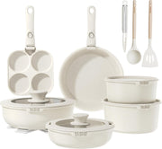 20Pcs White Granite Non-Stick Cookware Set with Removable Handles & Glass Lids