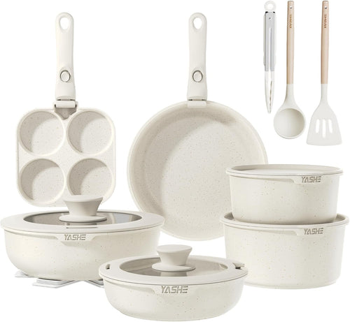 20Pcs White Granite Non-Stick Cookware Set with Removable Handles & Glass Lids