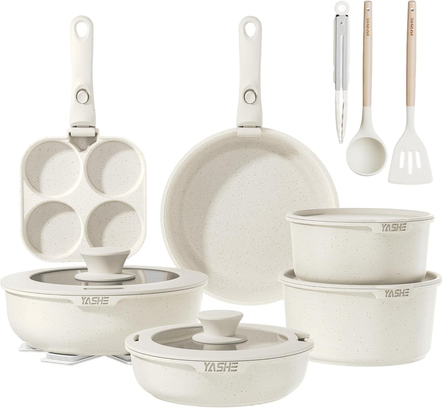 20Pcs White Granite Non-Stick Cookware Set with Removable Handles & Glass Lids
