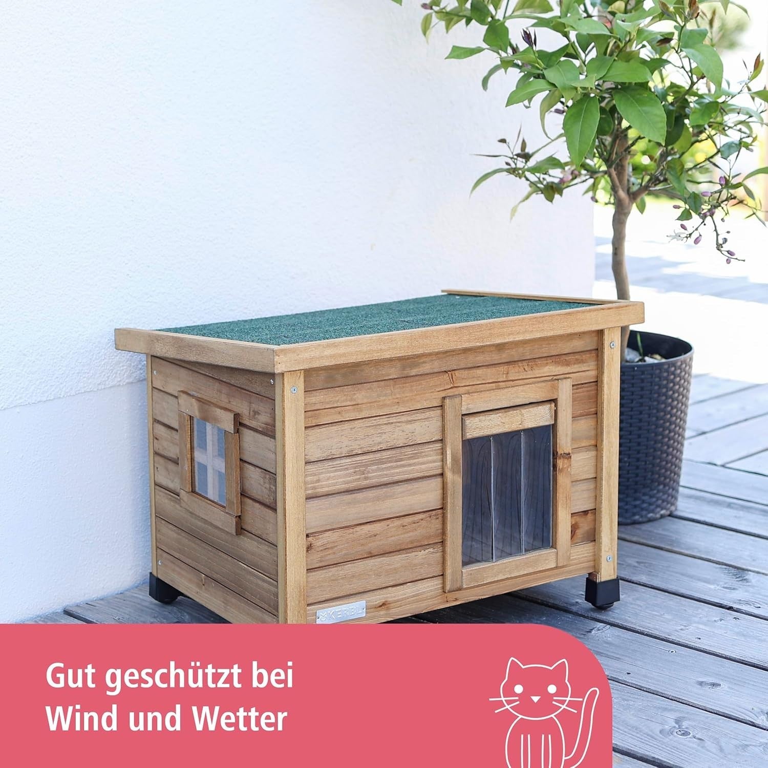 Rustic Outdoor Wooden Cat House with Plexiglas Window & Adjustable Feet