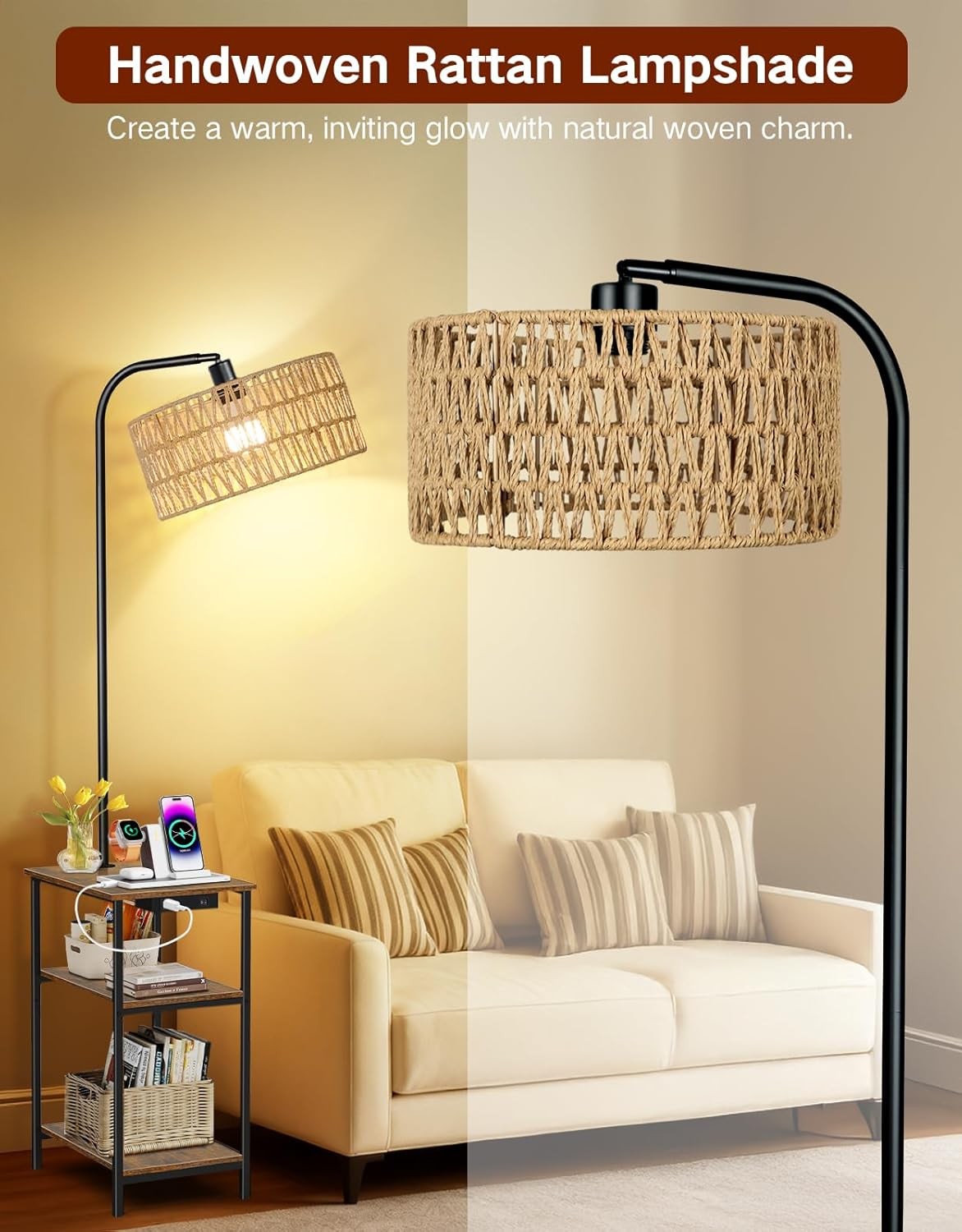 Floor Lamp with Table Rattan Shade Charging Station Dimmable LED Nightstand