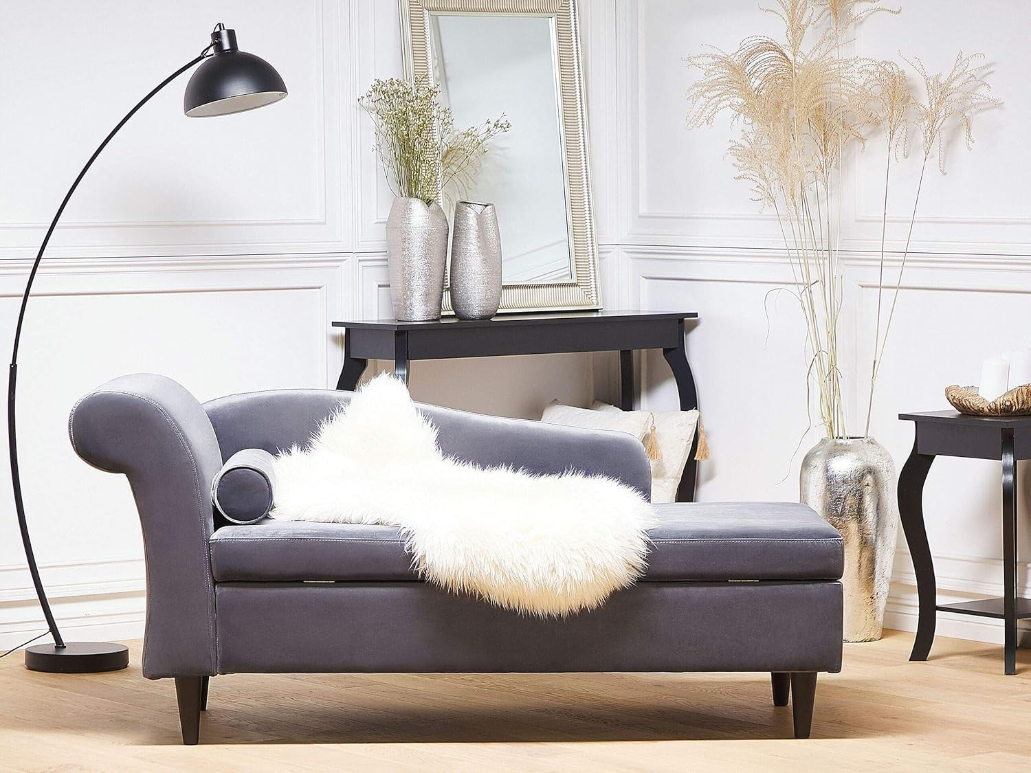 Left Hand Velvet Chaise Lounge w/ Storage Dark Grey Sofa Seat Elegant