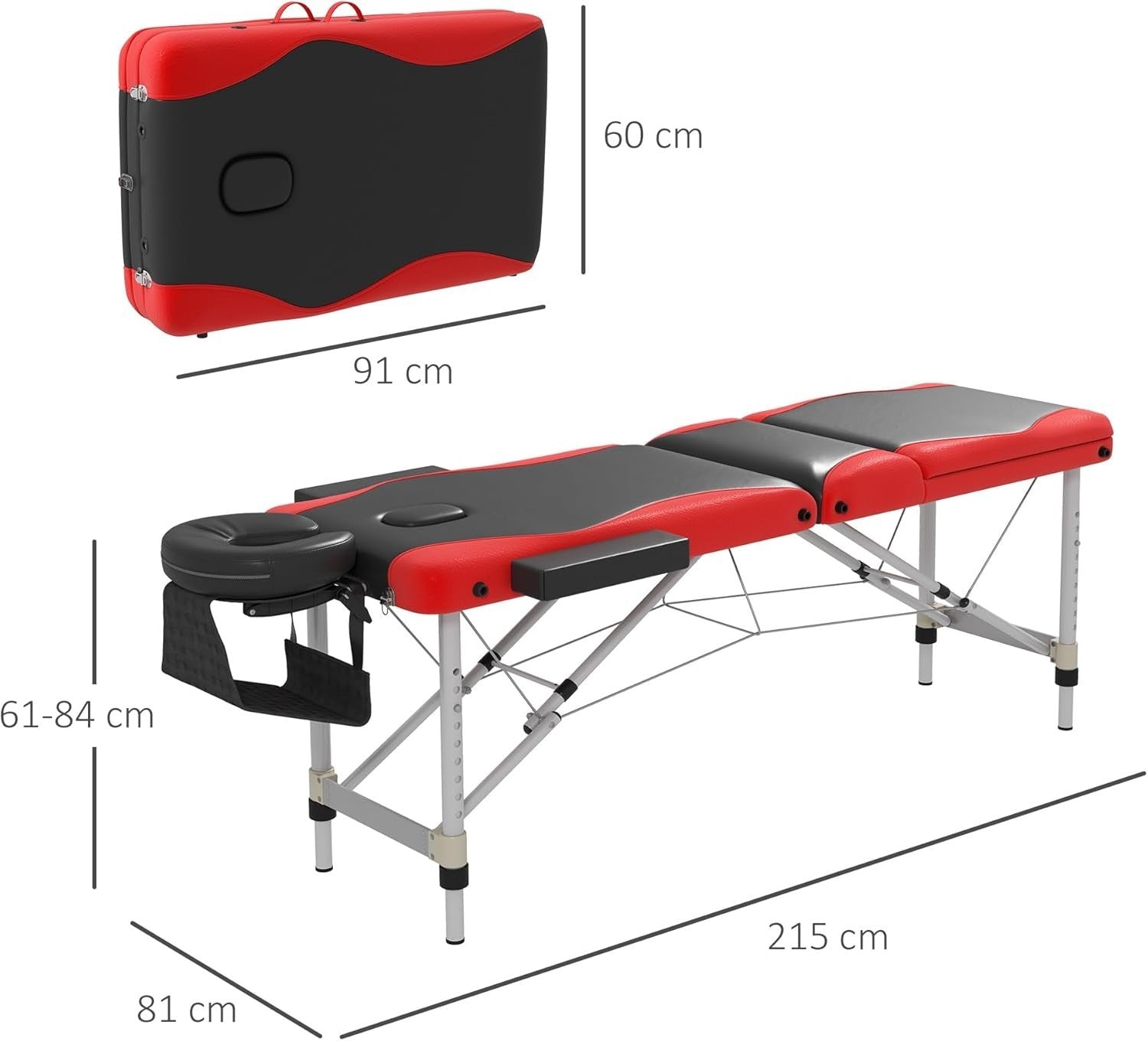 Portable Massage Table 3-Section Foldable Aluminium Beauty Bed w/ Bag Red Black