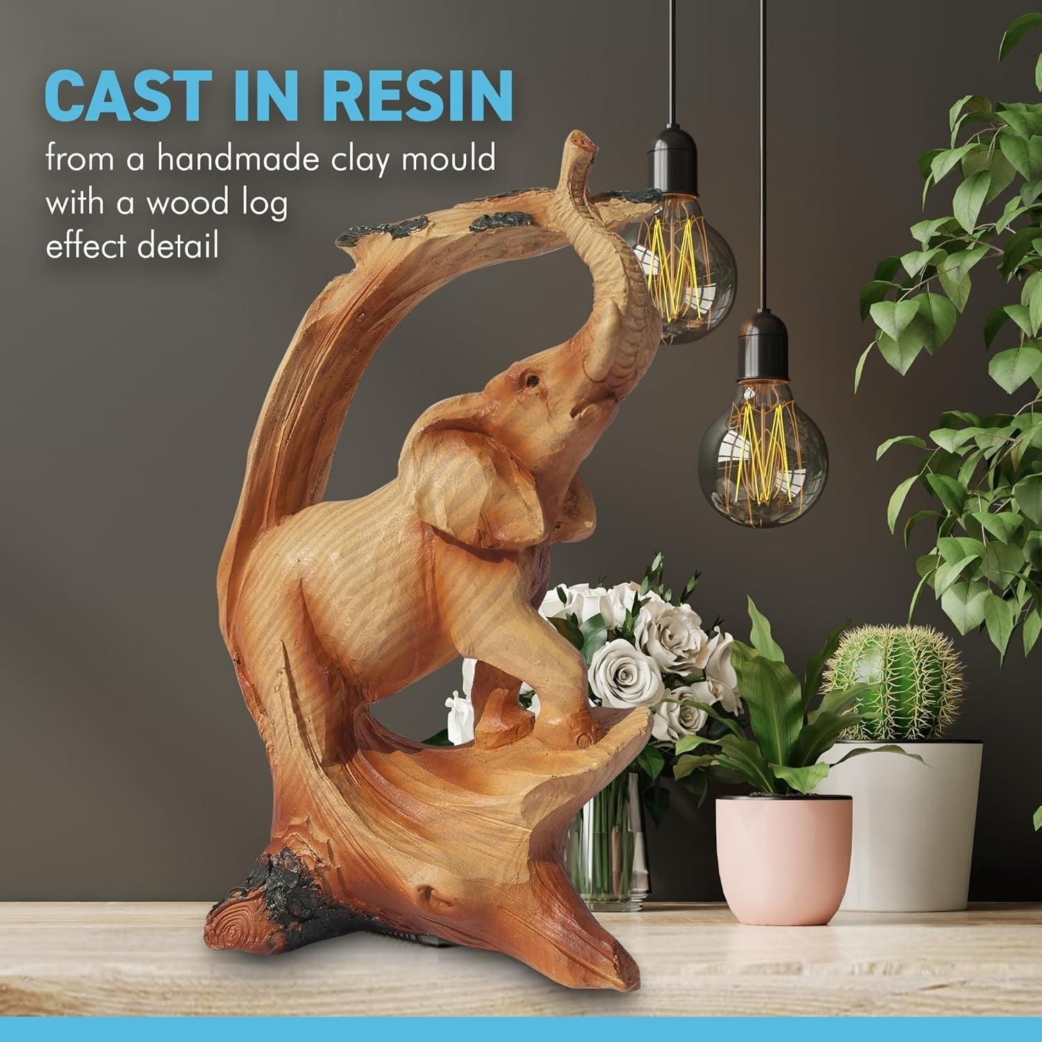 Elephant Ornament 12.7cm Wood-Effect Resin Figurine Under Tree Rustic Home Decor