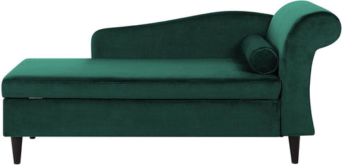 Emerald Green Velvet Chaise Lounge with Storage Right Hand Solid Wood Legs
