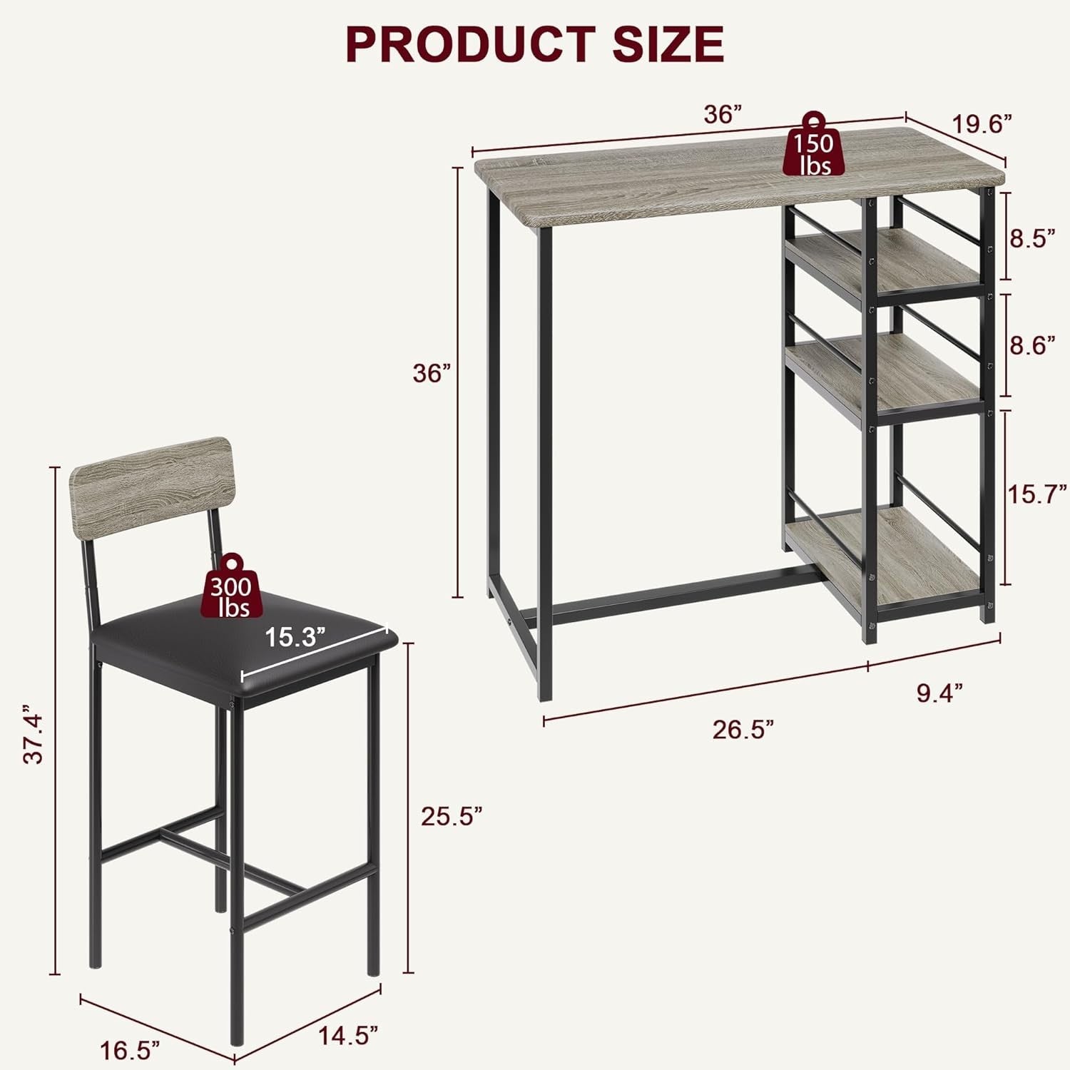 3 Piece Bar Table Set 2 PU Leather Stools & Storage Shelf High Dining Furniture