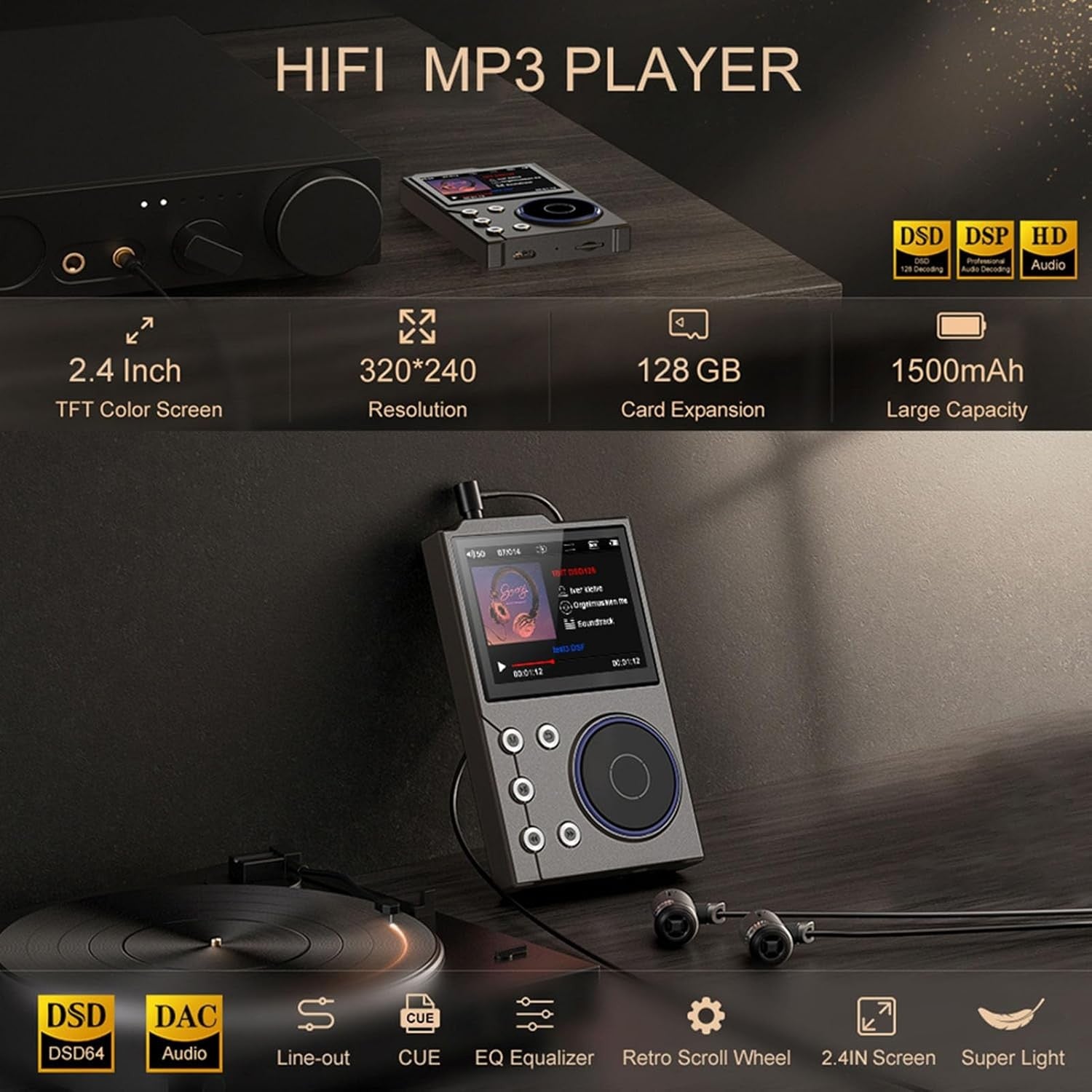 Bluetooth 5.3 MP3 Player HiFi 2.4" HD Screen Retro Scroll Wheel