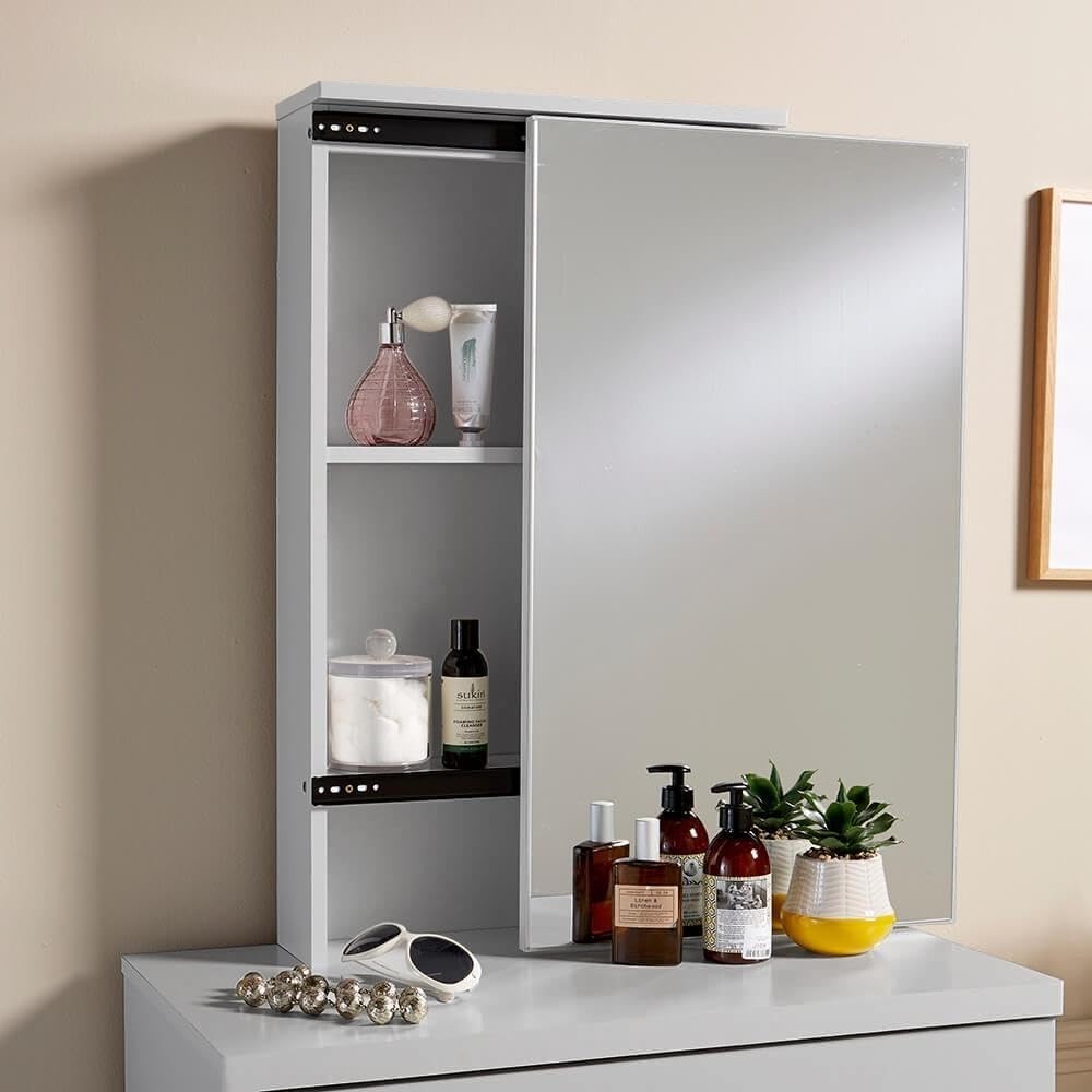 Grey Dressing Table Set with Mirror & Stool, 1 Drawer, Hidden Storage, Makeup Va