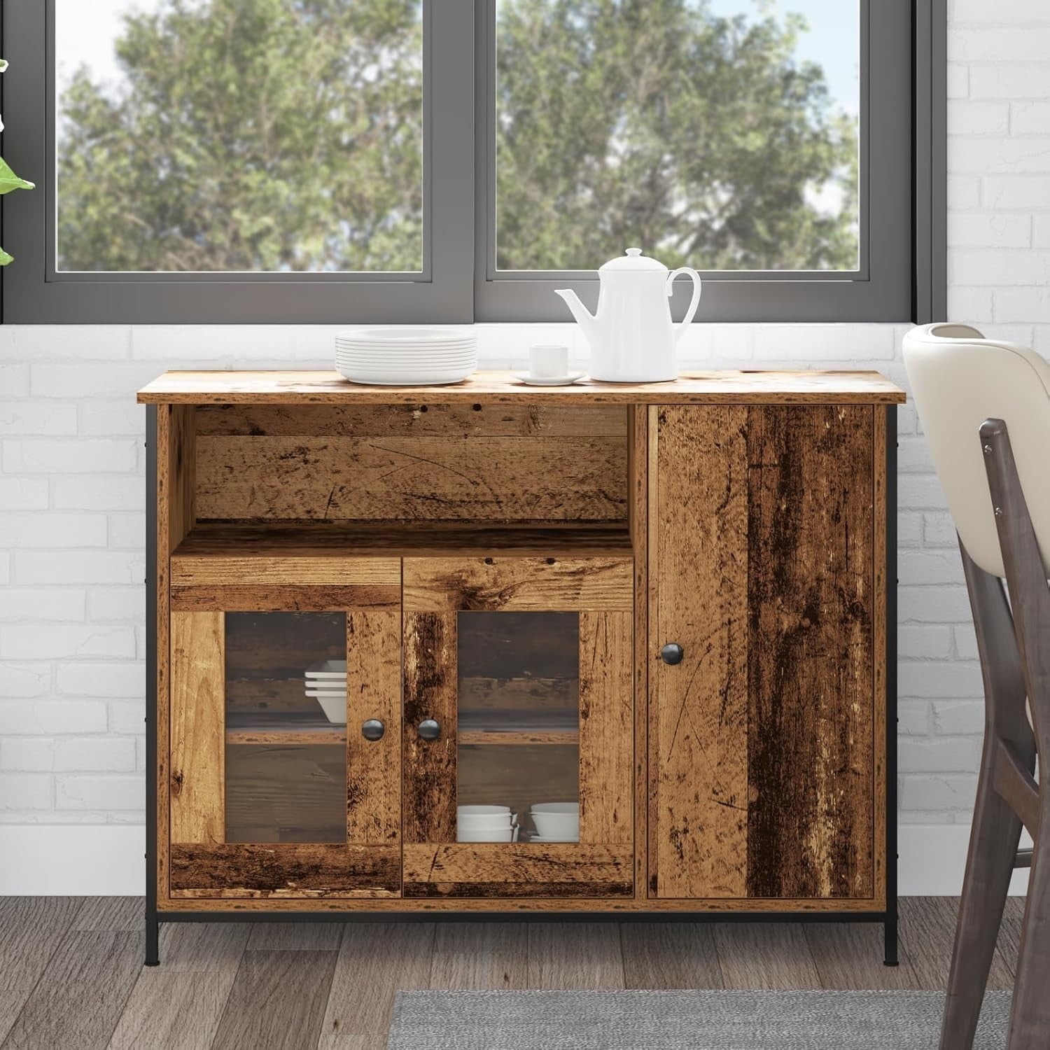 Rustic Wood Sideboard Cabinet Glass Doors Storage Unit 100x35x75cm