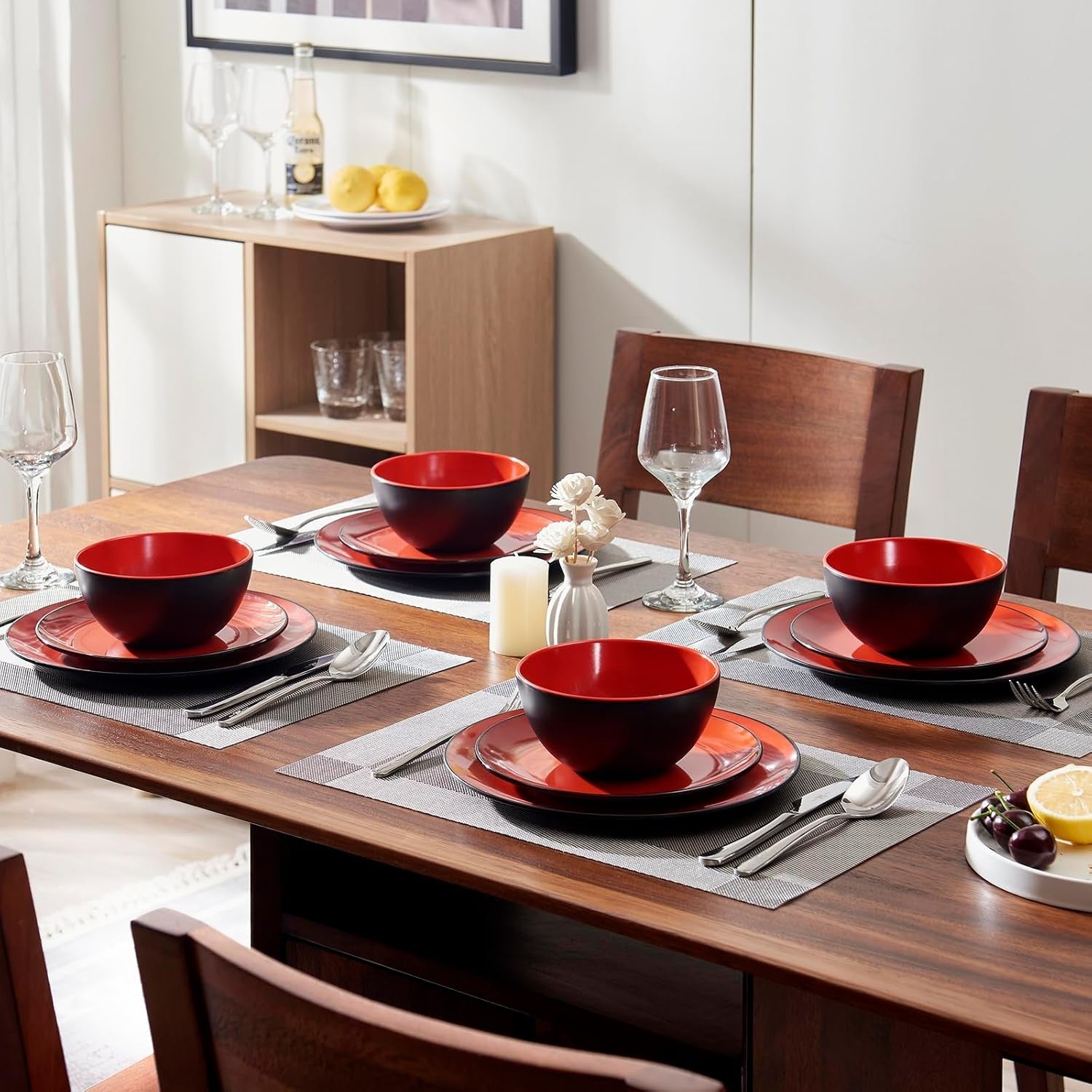 12pc Melamine Dinnerware Set Plates Bowls Black Red Non Breakable