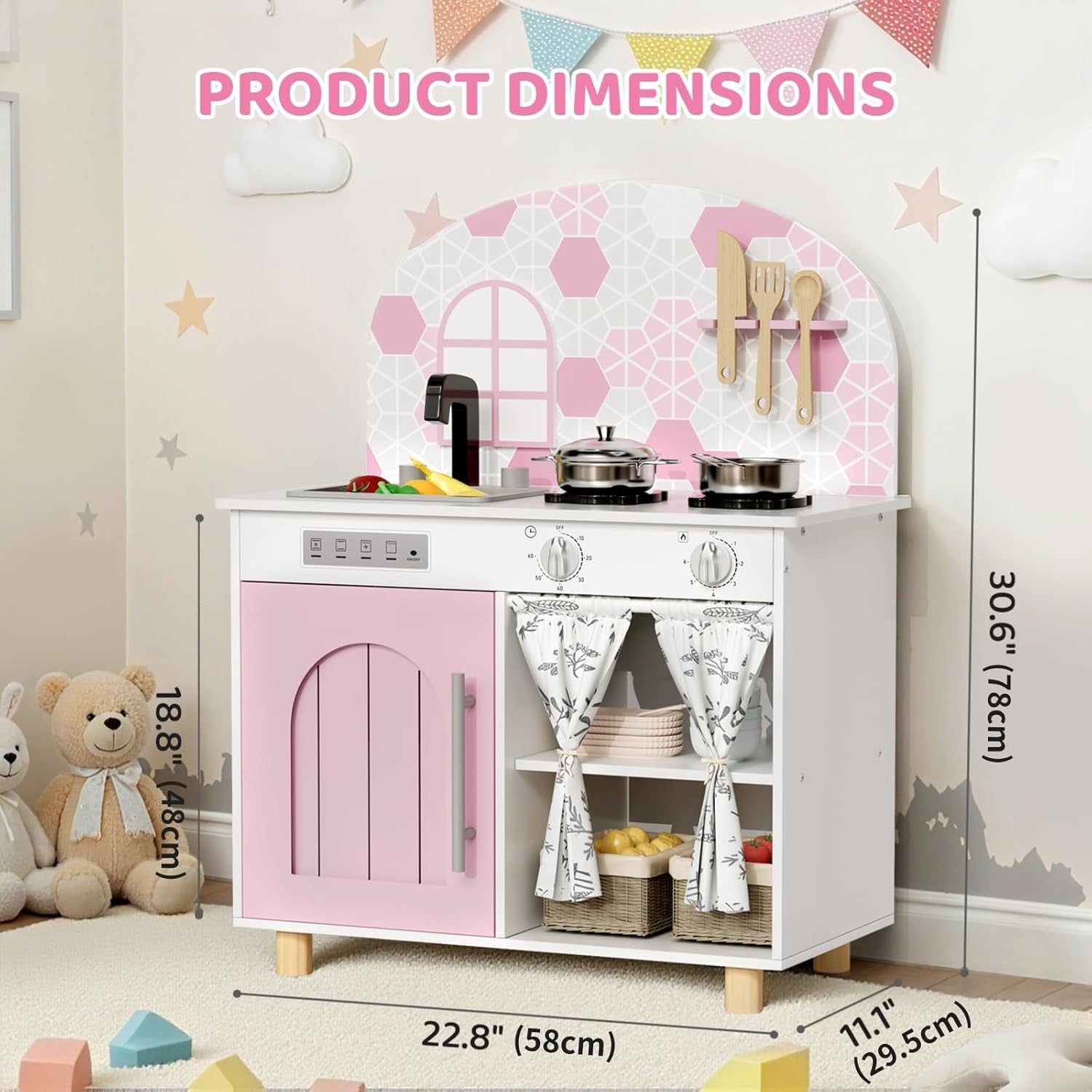 Kids Wooden Play Kitchen w/ Real Sound Stove Pink Toy Set