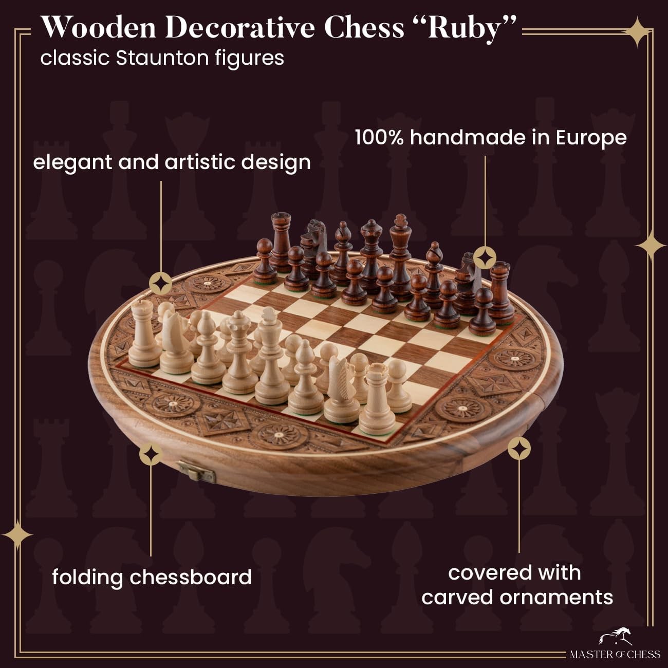 35cm Handcrafted Wooden Chess Set | RUBY Sculpted Pieces | Portable Luxury Board
