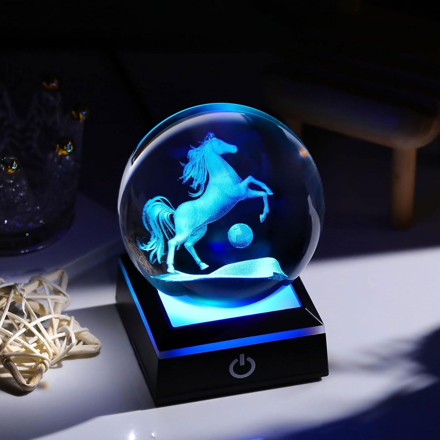 3D Crystal Horse Ball LED Light 8cm K9 Glass Ornament Gift Home Decor