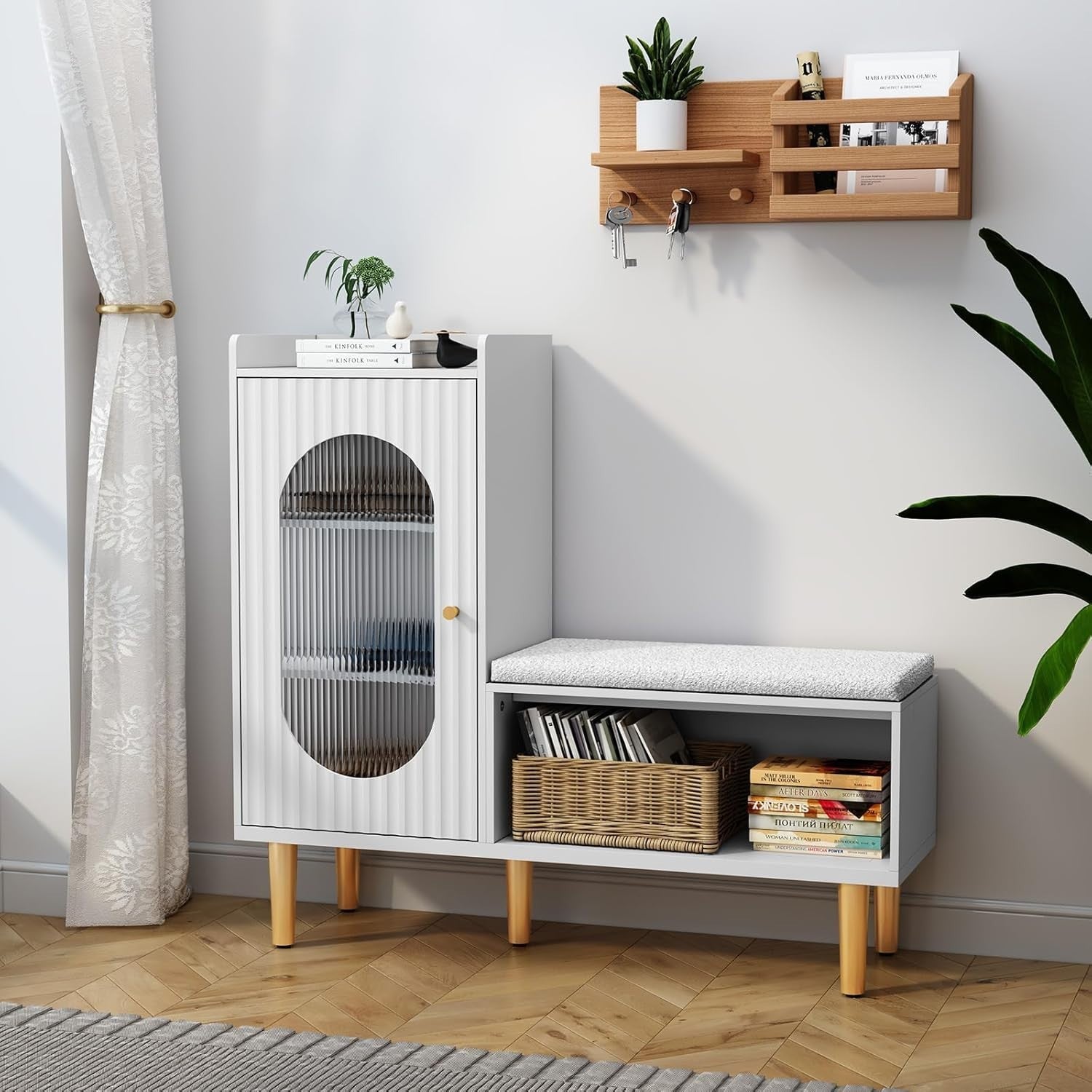 White Shoe Storage Bench with Cushion & Glass Door Cabinet 100x29.5x91.5cm
