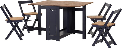 Navy Blue Folding Dining Set for Small Spaces | Waxed Pine Table + 4 Chairs