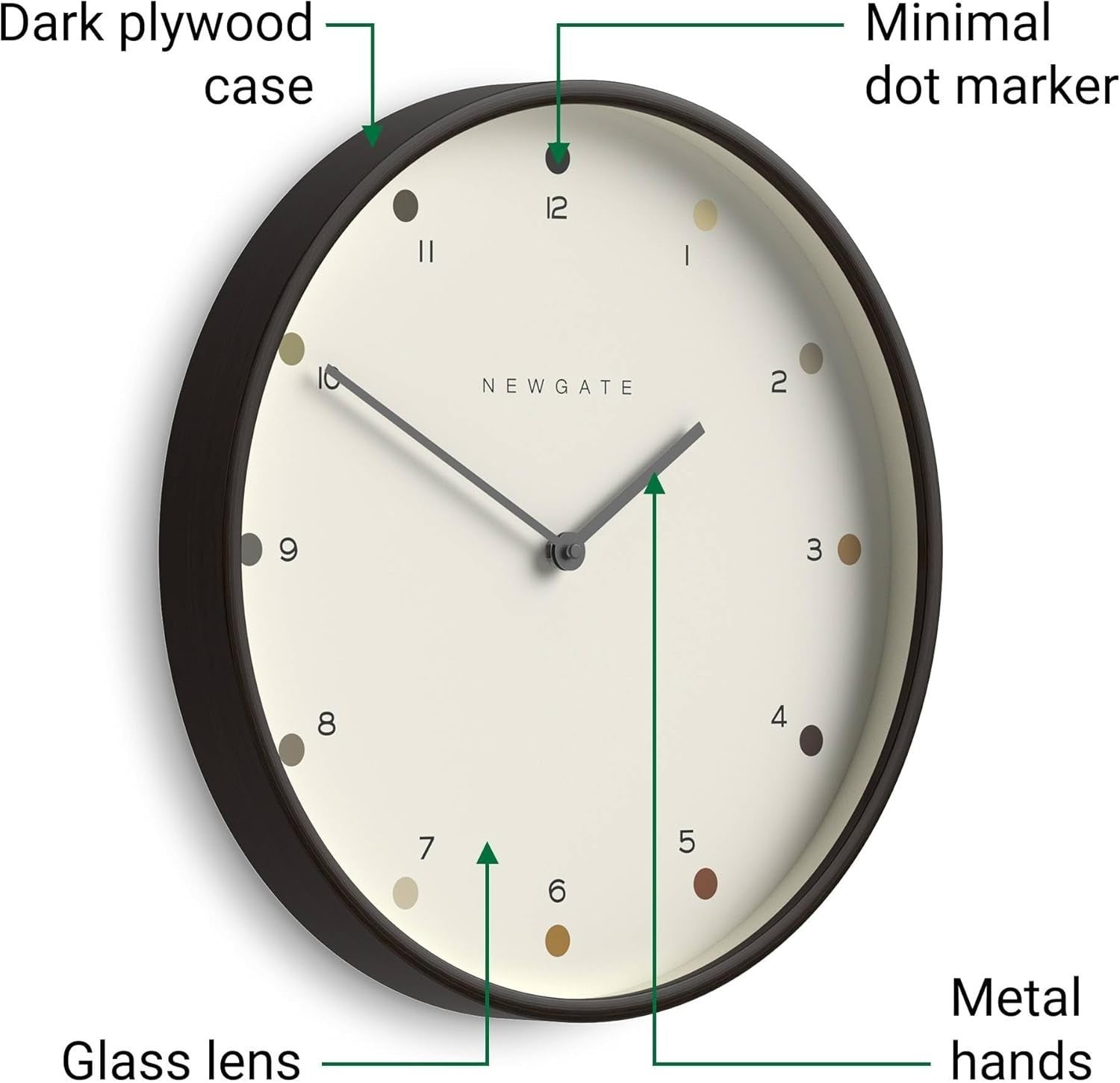 40cm Silent Wall Clock Modern Scandi Design Dark Wood Minimalist Dial