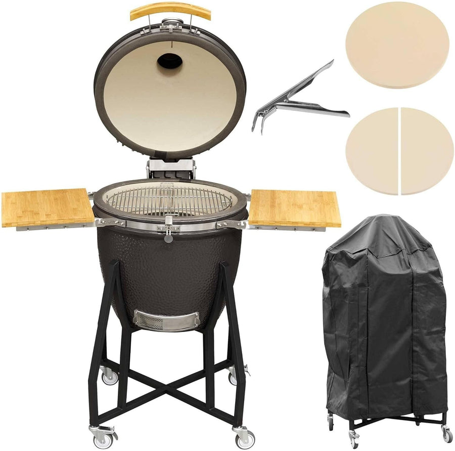 22" Ceramic Kamado BBQ Grill Smoker with Stand & Castor Wheels | Outdoor Oven