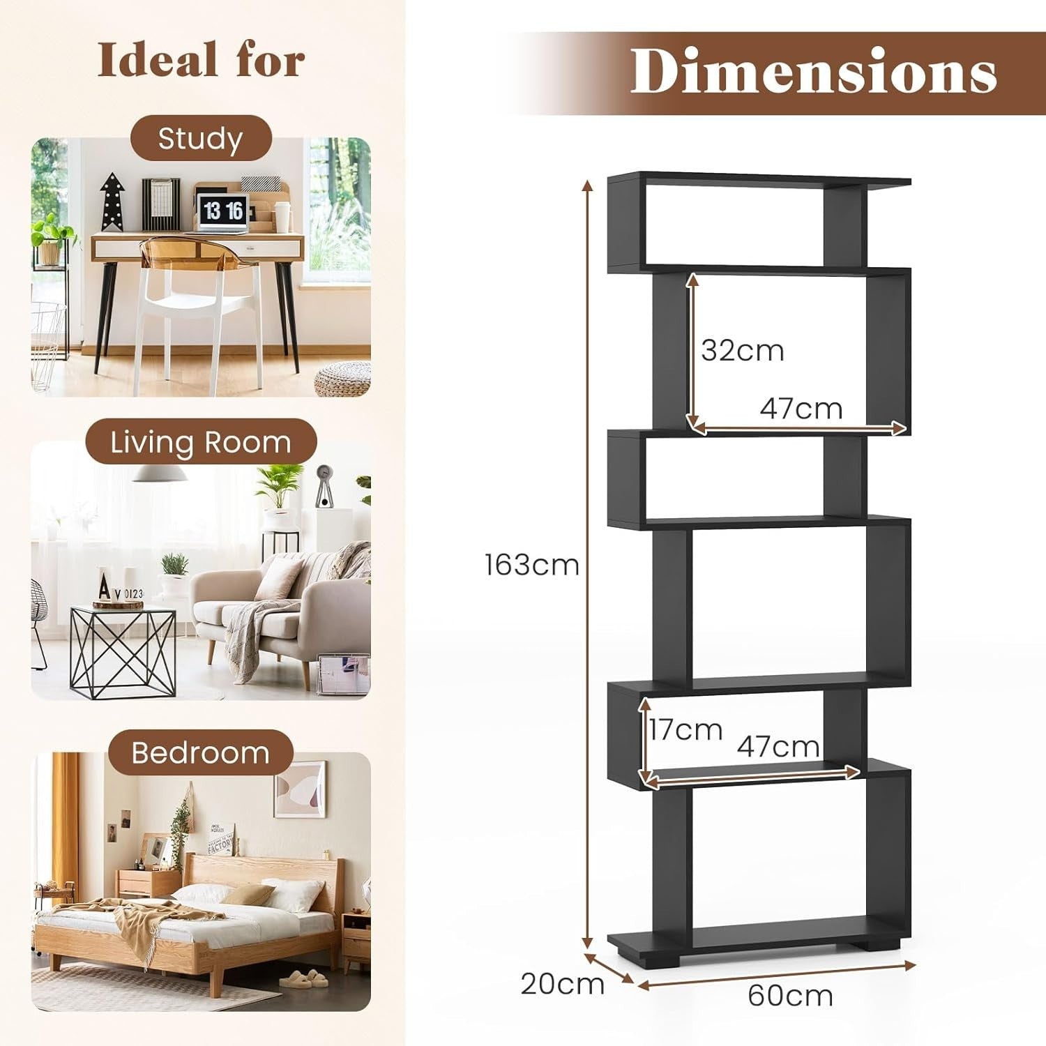 6-Tier S-Shaped Bookshelf Ladder Shelf Black 163x60x20cm with Anti-Tip Kits