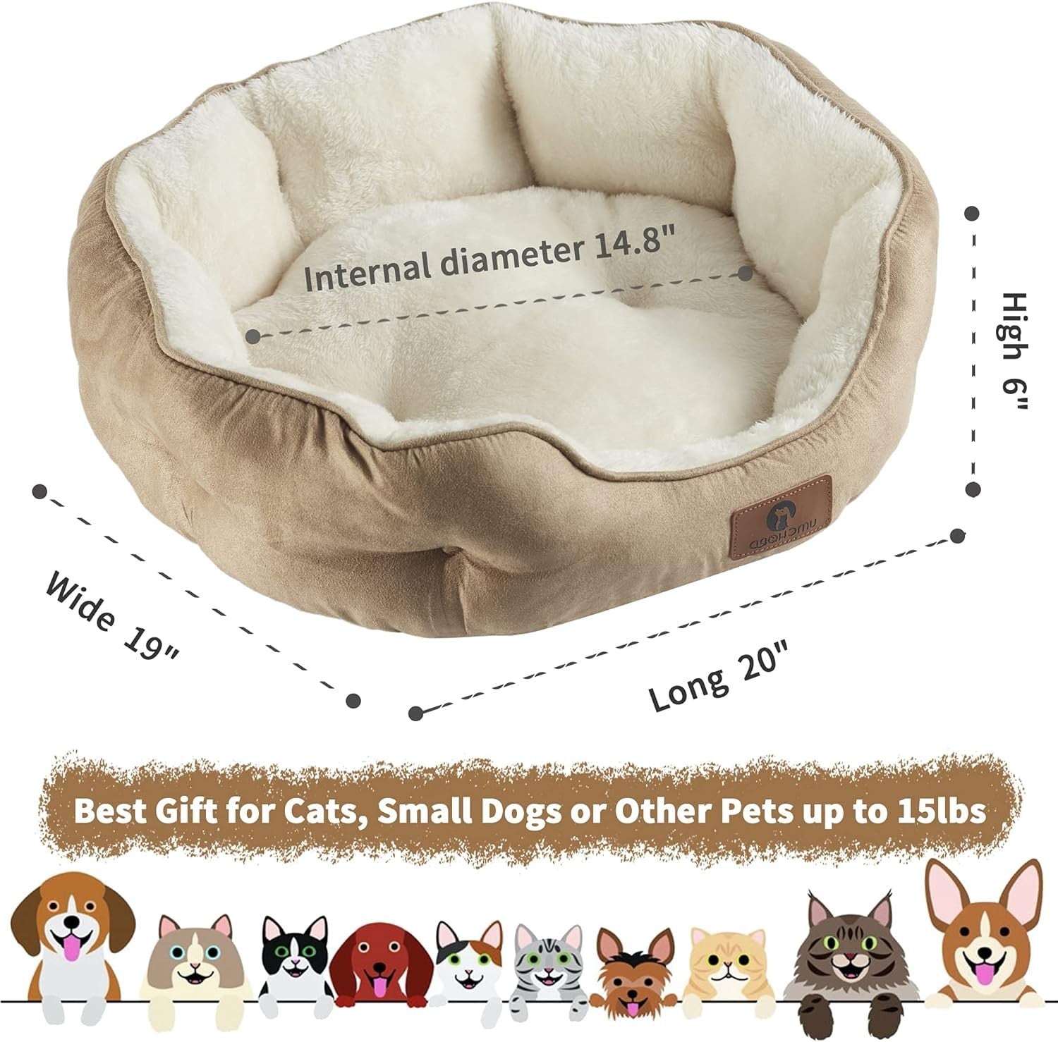 Small Dog Cat Bed 20in Sherpa Fleece Washable Pet Bed Non Slip