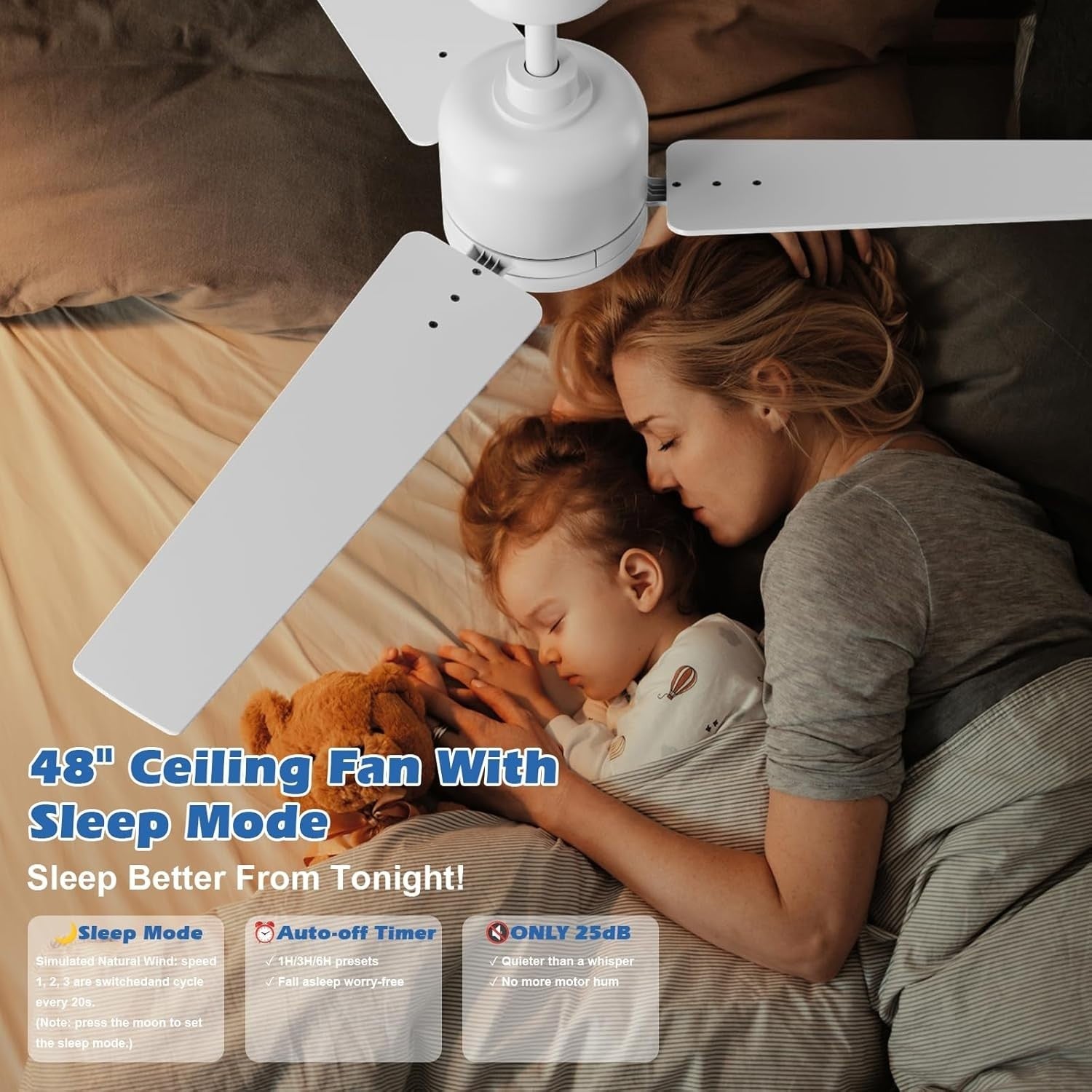 48" White-Wood Ceiling Fan Light, 6 Speeds, Remote Control, Dimmable
